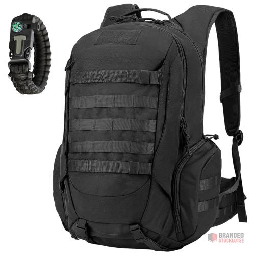 Waterproof Tactical Backpack with Paracord Bracelet - Military Backpack Black - Premier B2B Stocklot Marketplace